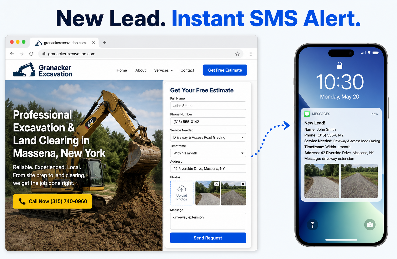 Excavation contractor website quote form with address, photo uploads, and an instant new lead SMS alert on a phone